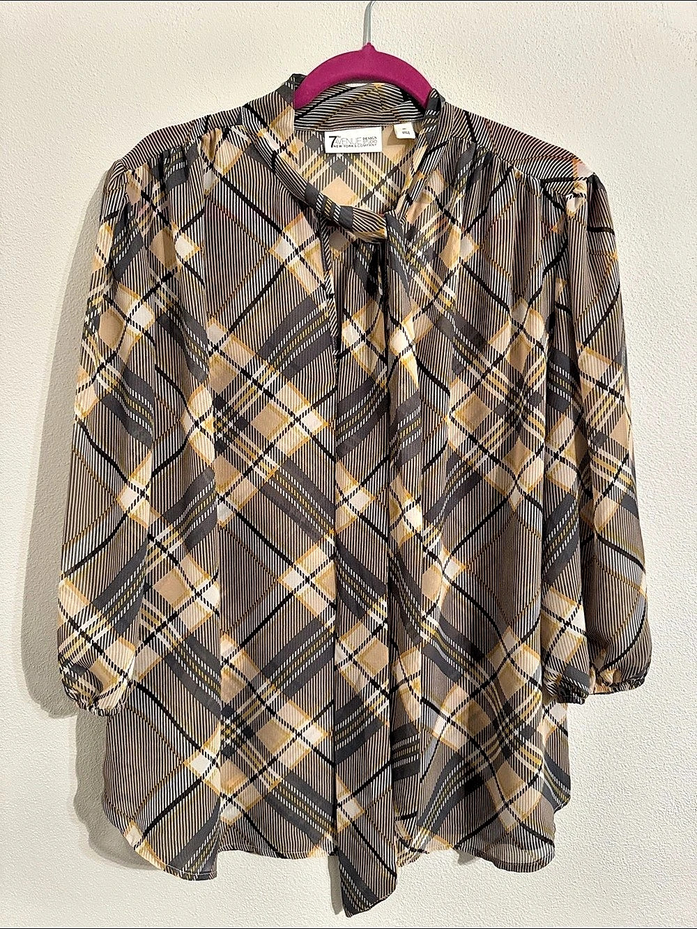 7th Avenue Design Studio Plaid Tie Neck Blouse Gray & Yellow XL NWT